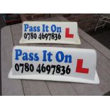 A PAIR OF VINTAGE MAGNETIC DRIVING INSTRUCTOR CAR ROOF ADVERTISING SIGNS (a magnet is missing on one