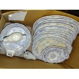 A LARGE BOX OF BLUE AND WHITE DINNERWARE TO INCLUDE ASIATIC PHEASANTS PATTERN CHINA