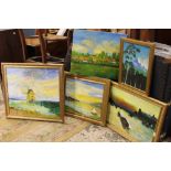 FIVE ASSORTED OIL PAINTINGS OF LANDSCAPES AND RIVER SCENES, TO INCLUDE GILT FRAMED EXAMPLES