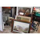 A COLLECTION OF ASSORTED PICTURES, PRINTS AND MIRRORS TO INCLUDE BEVEL EDGED WALL MIRRORS, THREE