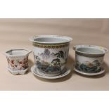 THREE MODERN HAND PAINTED ORIENTAL CERAMIC PLANTERS, LARGEST DIA. 27 CM