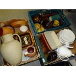 THREE TRAYS OF CERAMICS AND STONEWARE TO INCLUDE KILN CRAFT TEA WARE