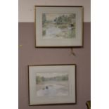 A PAIR OF GILT FRAMED AND GLAZED WATERCOLOURS DEPICTING RIVER/ESTUARY SCENES WITH MOORED BOATS BY