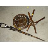 AN AFRICAN FOLDING TRIPOD TABLE AND AN AFRICAN WALKING STICK (2)