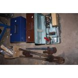 TWO LARGE WRENCHES AND A PAIR OF BOLT CUTTERS, CASED WOLF PLANER, 2 METAL BOXES ETC