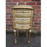 A FRENCH STYLE GILT WOOD AND MARBLE TOPPED THREE DRAWER CIRCULAR CHEST H-70 CM