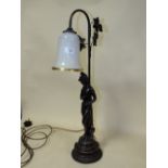A MODERN RESIN FIGURAL TABLE LAMP WITH GLASS SHADE, OVERALL H 68 CM