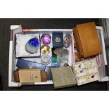 A BOX OF COLLECTABLES TO INCLUDE GLASS PAPER WEIGHTS, COINS ETC