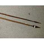 TWO NINETEENTH CENTURY SOUTH AFRICAN ZULU ASSEGAI SPEARS, BOTH BADLY BROKEN IN TWO