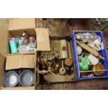 FOUR BOXES OF CERAMICS AND STONEWARE ETC. TO INCLUDE SMALL FLAGONS