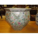 A LARGE ORIENTAL OCTAGONAL JARDINAIRE DECORATED WITH FLOWERS AND BIRDS H-37 CM