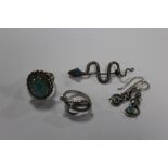 A COLLECTION OF STERLING SILVER AND WHITE METAL SNAKE SHAPED JEWELLERY, TOGETHER WITH A SILVER AND