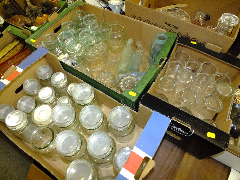 THREE TRAYS OF GLASSWARE TO INCLUDE JELLY MOULDS