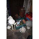 A SELECTION OF GARDEN ORNAMENTS ETC TO INCLUDE METAL MUSHROOMS, BASKETS, MILK CHURN (AS FOUND NO BAS