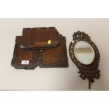 A TUNBRIDGEWARE INLAID PIERCED MAHOGANY MIRROR WITH FIGURAL INLAY TO REVERSE A/F TOGETHER WITH THREE