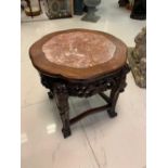 A CHINESE HARDWOOD OCCASIONAL TALE WITH ROUX MARBLE TOP AND STYLISED BIRD LEGS