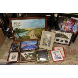 A COLLECTION OF PICTURES AND PRINTS TO INCLUDE AN OIL ON CANVAS AND SOUTHERN COMFORT ADVERTISING