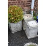 A P[AIR OF MATCHING PLANTER BASES PLUS A LARGE SQUARE PLANTER WITH CONTENTS