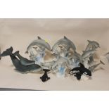 A TRAY OF HIGHBANK PORCELAIN DOLPHIN AND WHALE FIGURES ETC.