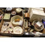 TWO TRAYS OF CERAMICS AND COLLECTABLES TO INCLUDE BISCUIT BARRELS, COLLECTORS PLATES ETC.