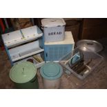 A MIXTURE OF VINTAGE ENAMEL ITEMS ETC TO INCLUDE A MEAT LOCKER, BREAD BIN, KITCHEN ITEMS ETC