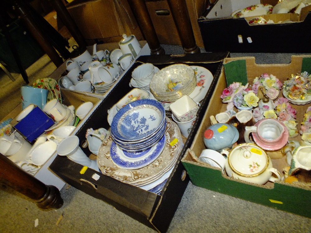 FOUR BOXES OF ASSORTED CHINA AND CERAMICS TO INCLUDE A WADE JOHNNY WALKER WHISKY JUG, AND