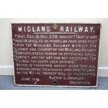 A MIDLAND RAILWAY CAST IRON TRESPASS SIGN, dated June 1906, 51 x 67 cm