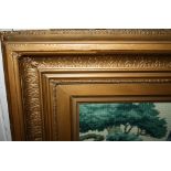 A LARGE ANTIQUE GILT FRAME, with Acanthus moulded detail throughout, with an inset tapestry of a