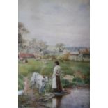 S. GARRATT (XIX-XX). Rural farmstead scene with cattle, sheep and woman with calf by a pond,