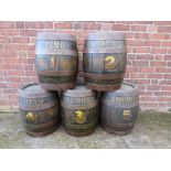 A SET OF FIVE VINTAGE COOPERED WORTHINGTON BEER BARRELS WITH LATER HANDPAINTED NUMBERS AND