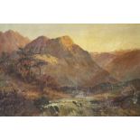 H. McGREGOR (XIX-XX). British school, mountainous wooded river landscape at sunset, signed lower