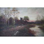 H. WILLIAMS (XIX-XX). Wooded river landscape at twilight with figures, church and haystack, signed