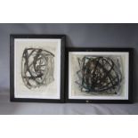 (XX). Abstract compositions, both indistinctly signed bottom left, mixed media on paper, framed