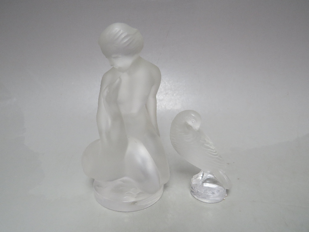 A LALIQUE FROSTED GLASS FIGURE OF A FEMALE NUDE WITH GOOSE, etched Lalique, France to base alongside