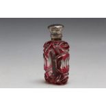 A OVERLAY GLASS SCENT BOTTLE, with flip top opening chased lid, A/F, H 7.5 cmCondition Report:lid