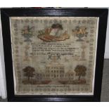 A LARGE GEORGE III PICTORIAL SAMPLER OF SHAWCROSS HALL NEAR WHALEY BRIDGE, worked by Mary Ann