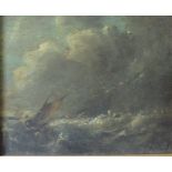 (XIX-XX). Dutch school, stormy coastal seascape with sailing vessels in a heavy swell,