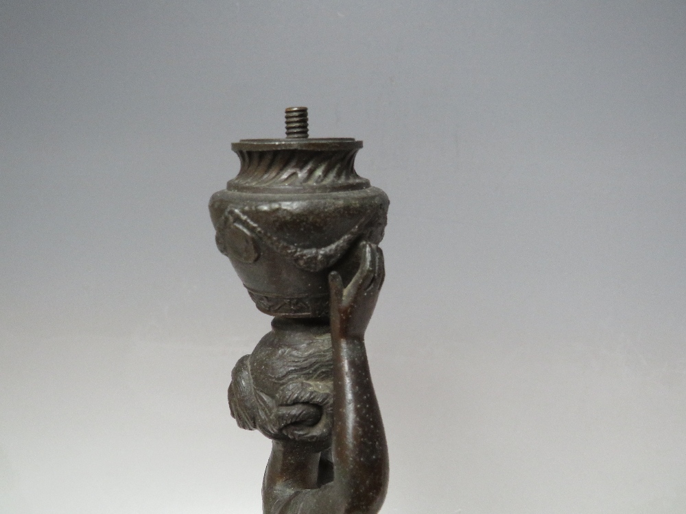 A VINTAGE BRONZE BAR GAS LIGHTER, in the form of a young woman in classical dress carrying an urn, H - Image 6 of 8