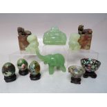 A COLLECTION OF 20TH CENTURY ORIENTAL FIGURES ETC., to include a pair of carved modern jade dogs