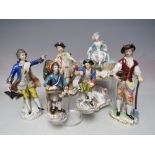 A COLLECTION OF ANTIQUE HAND PAINTED CERAMIC FIGURES ETC., various periods and backstamps to include