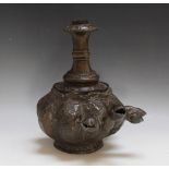 A BRONZE TYPE HOOKAH PIPE BASE WITH THREE 'SERPENT' HEADS, H 29 cm