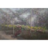 (XIX-XX). Ornamental garden scene with seated figure, indistinctly signed lower right, oil on