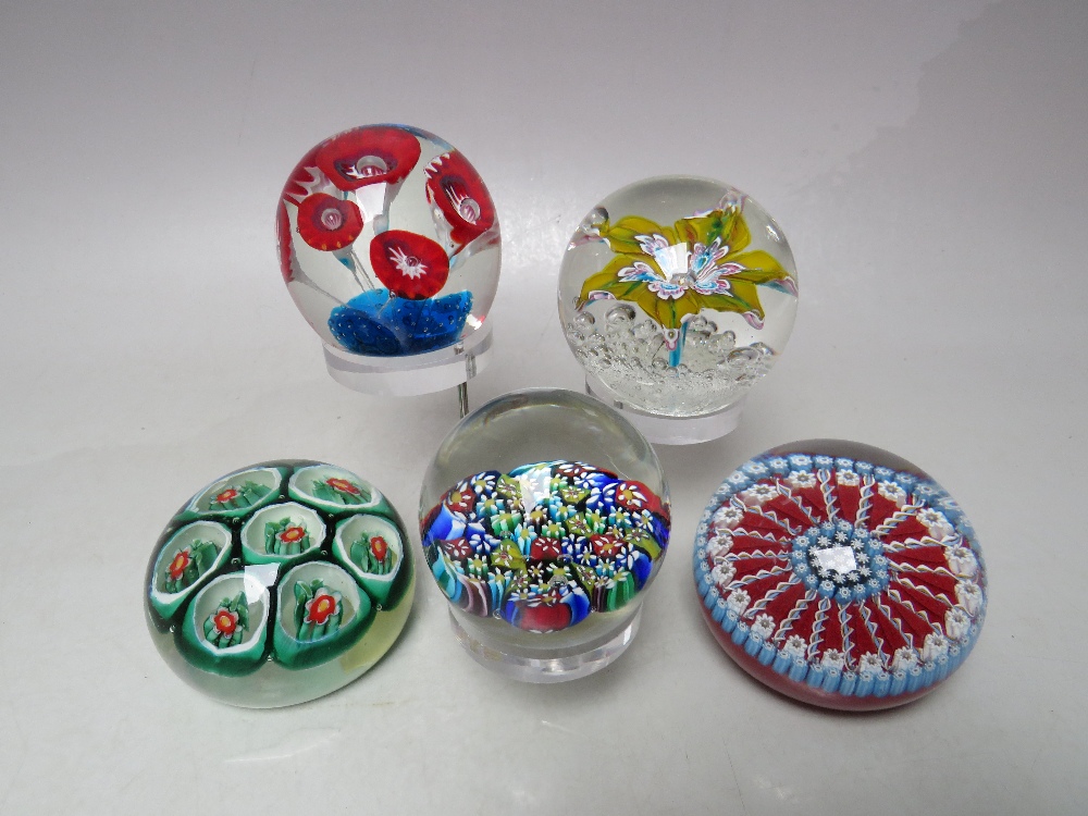 THREE VARIOUS MURANO GLASS PAPERWEIGHTS, complete with labels to base, together with a millefiori