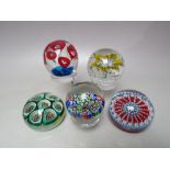 THREE VARIOUS MURANO GLASS PAPERWEIGHTS, complete with labels to base, together with a millefiori