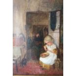 (XIX) ENGLISH SCHOOL. Cottage interior scene with young girl peeling vegetables, and a black cat,