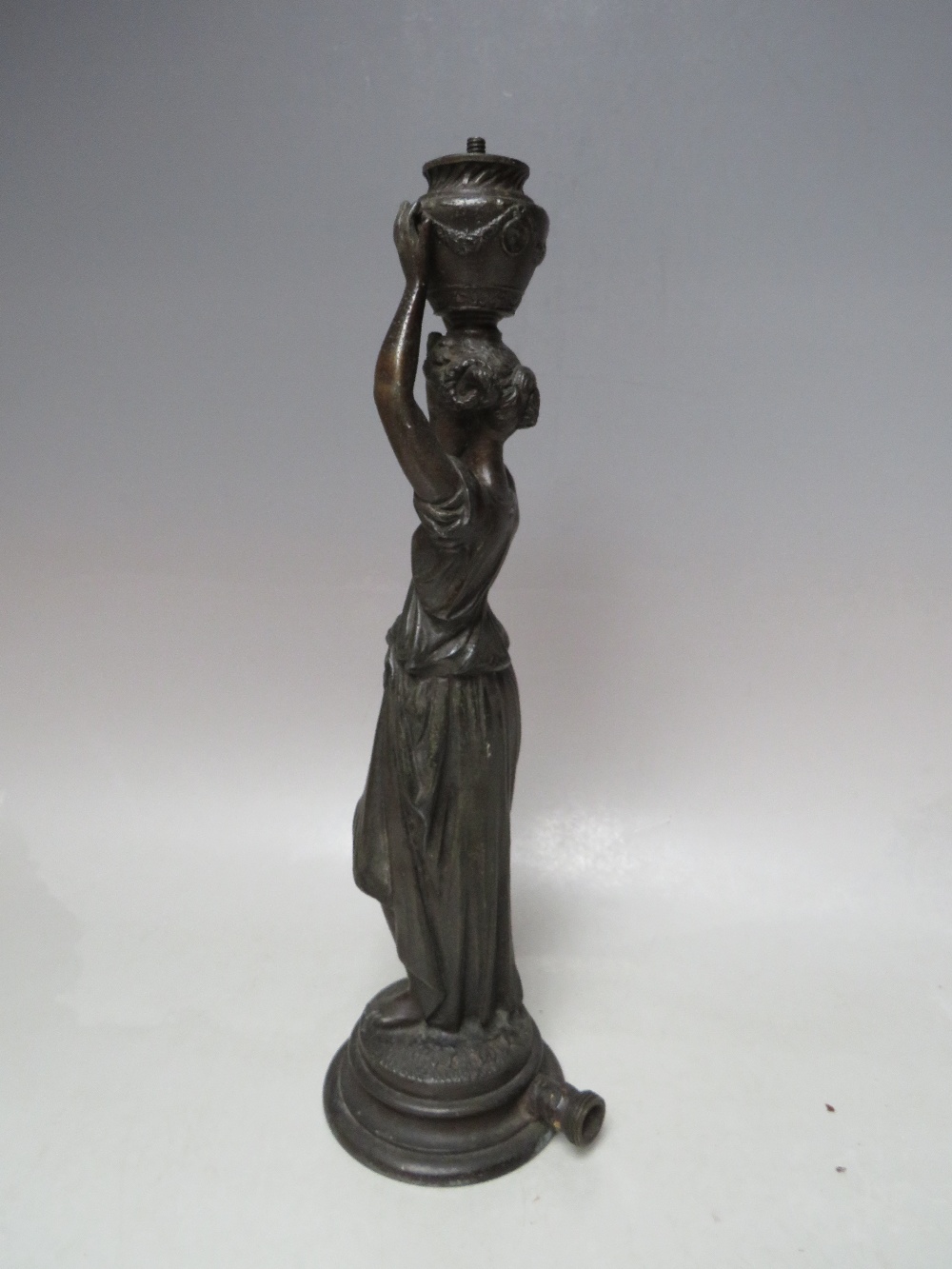 A VINTAGE BRONZE BAR GAS LIGHTER, in the form of a young woman in classical dress carrying an urn, H - Image 4 of 8