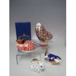 A COLLECTION OF ROYAL CROWN DERBY PAPERWEIGHTS, comprising a boxed Walrus - silver stopper, a rabbit