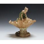 A LARGE ROYAL DUX FIGURE OF A LADY ON A CONCH SHELL, pink triangle mark to base, W 26 cm