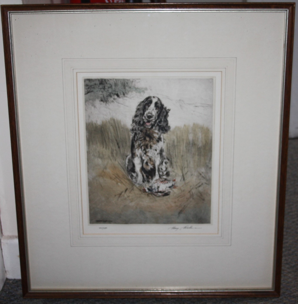 HENRY WILKINSON (1921-2011). Spaniel with dead game at foot, etching in colours, signed in pencil, - Image 3 of 3