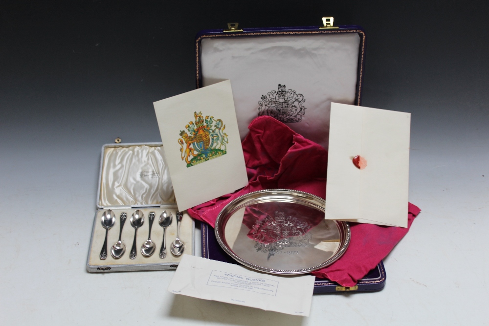 A HALLMARKED SILVER CASED COMMEMORATIVE SALVER - BIRMINGHAM 1972, approx weight 285g, together